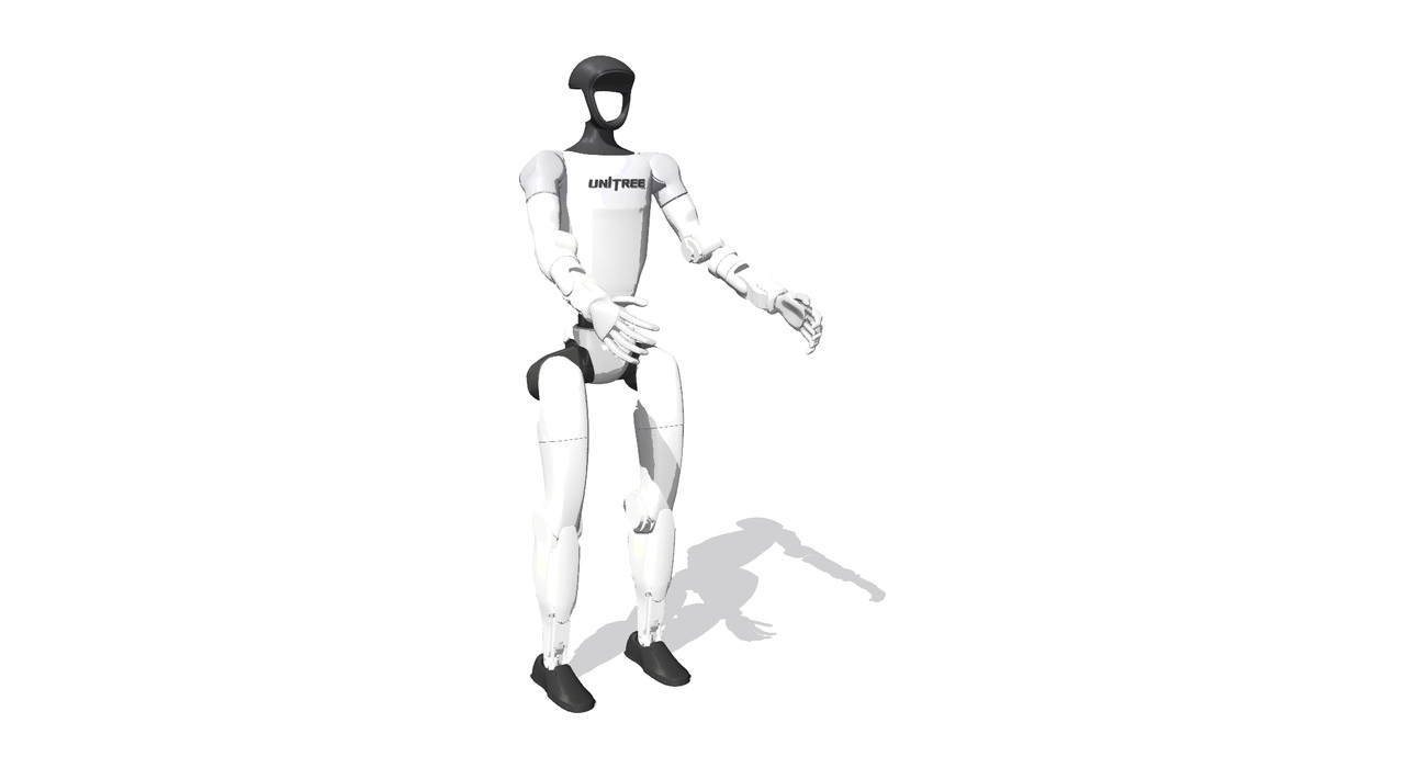 Unitree G1 humanoid standing, arms raised